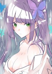  assault_lily bare_shoulders breasts butterfly_hair_ornament cleavage collared_shirt commentary_request female from_side funada_kiito gradient_background green_eyes grey_background hair_ornament houji_tea_latte large_breasts light_smile long_hair looking_at_viewer looking_to_the_side off_shoulder parted_lips purple_hair shirt solo steam upper_body wet white_shirt 