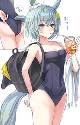  alternate_costume animal_ears armpits ass backpack bag blue_eyes blue_one-piece_swimsuit blush breasts cleavage closed_mouth collarbone commentary_request cup drinking drinking_straw drinking_straw_in_mouth ear_covers female glasses grey_hair hair_ornament hairclip hanamura_pink highres holding holding_cup horse_ears horse_girl horse_tail multiple_views one-piece_swimsuit open_bag school_swimsuit seiun_sky_(umamusume) single_ear_cover small_breasts sweat swimsuit tail tail_through_clothes towel translation_request umamusume v wet 