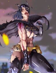  abs albaro batgirl batman_(series) battle_damage belt black_bodysuit blood bodysuit breasts bruise cape cassandra_cain commentary_request dc_comics female injury large_breasts muscular muscular_female one_eye_closed open_mouth solo superhero_costume torn_clothes torn_mask utility_belt 