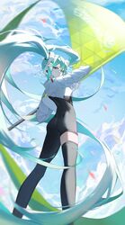  absurdly_long_hair absurdres aqua_eyes aqua_hair ass asymmetrical_bodysuit black_bodysuit black_thighhighs bodysuit closed_mouth commentary cropped_jacket female flag flagpole floating_hair from_behind goodsmile_racing green_flag hair_ornament hatsune_miku highres holding holding_flag jacket long_hair looking_at_viewer racing_miku racing_miku_(2022) ryo_e single_leg_bodysuit single_thighhigh skindentation sky solo thighhighs very_long_hair vocaloid white_jacket 