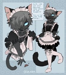  5_fingers anthro biped black_body black_fur blue_eyes clothed clothing crossdressing domestic_cat english_text felid feline felis femboy fingers fur grey_hair hair hair_over_eye hi_res maid_uniform male mammal notched_ear one_eye_obstructed sh-4rk solo tail text uniform 