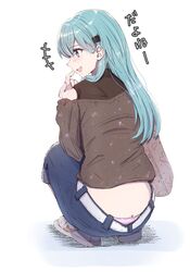  alternate_costume aqua_eyes aqua_hair bag blue_pants brown_shirt butt_crack commentary_request denim female finger_to_mouth from_behind highres jeans kantai_collection ld_(luna_dial398) long_hair long_sleeves panties pants pink_panties shirt simple_background smile solo squatting suzuya_(kancolle) underwear white_background white_footwear 