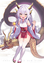  2024 absurdres bare_shoulders blush breasts chinese_zodiac claw_pose collarbone commentary_request detached_sleeves dragon dragon_girl dragon_horns dragon_tail fangs female full_body grey_hair happy_new_year highres horns long_hair long_sleeves looking_at_viewer ochinsama open_mouth original sandals skindentation small_breasts solo tabi tail thick_thighs thighhighs thighs very_long_hair white_thighhighs year_of_the_dragon yellow_eyes zouri 