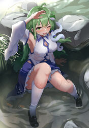  absurdres armpits blue_skirt blush breasts brother_zi covered_nipples detached_sleeves female frog frog_hair_ornament green_eyes green_hair hair_ornament hair_tubes highres kneehighs kochiya_sanae large_breasts long_hair looking_at_viewer lower_teeth_only open_mouth outdoors rock shirt single_hair_tube skirt sleeveless sleeveless_shirt snake snake_hair_ornament socks solo teeth touhou water wet white_socks 