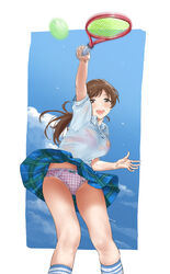  :d accidental_exposure arm_up ass_visible_through_thighs blue_sky blush bow bow_panties bra bra_visible_through_clothes brown_hair clothes_lift cloud collared_shirt commentary_request commission female hamedoragon highres idolmaster idolmaster_cinderella_girls kneehighs long_hair looking_at_viewer nitta_minami panties pantyshot pink_bra pink_panties pixiv_commission plaid plaid_panties playing_sports ponytail shirt skirt skirt_lift sky smile socks solo tennis underwear wet wet_clothes wet_shirt 