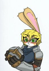  2024 anthro armor blonde_hair blush clothed clothing crusader digital_media_(artwork) female fingers green_eyes hair headgear helmet holding_armor holding_headgear holding_helmet holding_object lagomorph leporid lily_(pace-maker) mammal pace-maker rabbit simple_background solo white_background 