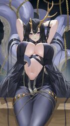  absurdres antlers arms_up azur_lane black_hair breast_curtains breasts center_opening chains cleavage female from_below golden_hind_(azur_lane) hair_between_eyes highres horns huge_breasts jojo_xiuxian large_breasts long_hair looking_at_viewer purple_eyes solo tentacle tongue tongue_out underboob very_long_hair 