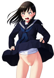  black_hair blue_neckerchief blue_sailor_collar blue_shirt blue_skirt blush cleft_of_venus clothes_lift female frown half-closed_eye highres long_sleeves looking_at_viewer maburu_(lojyq1eur3e8bit) medium_hair neckerchief no_panties open_mouth original pleated_skirt pussy sailor_collar school_uniform serafuku shirt simple_background skirt skirt_lift solo standing white_background white_shirt wind wind_lift 