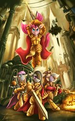  absurd_res armor cape clothed clothing detailed_background equid equine eyelashes female fire flamethrower friendship_is_magic grey_body group gun hair hair_over_eye hasbro hi_res holding_gun holding_melee_weapon holding_object holding_ranged_weapon holding_sword holding_weapon james_corck limestone_pie_(mlp) mammal marble_pie_(mlp) maud_pie_(mlp) melee_weapon my_little_pony one_eye_obstructed pink_body pink_hair pinkie_pie_(mlp) pupils ranged_weapon sibling_(lore) sister_(lore) sisters_(lore) smile sword warhammer_(franchise) warhammer_40000 weapon 