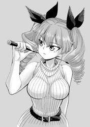  anchovy_(girls_und_panzer) arm_behind_back arm_up belt breasts breasts_day closed_mouth drill_hair female girls_und_panzer good_breasts_day greyscale hair_ribbon highres holding holding_riding_crop large_breasts long_hair looking_to_the_side monochrome ribbed_sweater ribbon riding_crop simple_background sleeveless sleeveless_sweater solo sutahiro_(donta) sweater turtleneck turtleneck_sweater twin_drills upper_body 