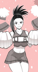  absurdres bare_shoulders black_hair boku_no_hero_academia cheerleader clenched_teeth collarbone commentary_request cowboy_shot crop_top embarrassed female highres koyap long_hair looking_at_viewer midriff miniskirt navel pom_pom_(cheerleading) shirt skirt sleeveless sleeveless_shirt solo teeth u.a._cheerleader_uniform yaoyorozu_momo 