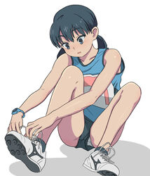  bare_arms bare_legs bare_shoulders black_hair collarbone commentary_request female full_body grey_eyes highres legs low_twintails medium_hair open_mouth original panties pantyshot parted_lips shadow shoelaces shoes simple_background sitting solo sumiyama track_uniform twintails underwear watch white_background white_footwear wristwatch 