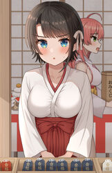  2girls absurdres ahoge breasts brown_hair green_eyes hakama highres hisui_(user_zvkr2432) hololive japanese_clothes kimono large_breasts looking_at_viewer miko multiple_girls oozora_subaru open_mouth pink_hair pink_kimono red_hakama sakura_miko sakura_miko_(1st_costume) short_hair sideboob sleeveless sleeveless_kimono smile virtual_youtuber white_kimono 