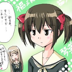  2girls :d ^_^ bad_link bow brown_eyes brown_hair closed_eyes collarbone crossover ginga_kuon gokujou_seitokai green_background hair_ribbon hairbow head_tilt jitome kutsugi_kotoha light_blush light_brown_hair lillian_girls&#039;_academy_school_uniform long_hair lowres maria-sama_ga_miteru multiple_girls no_nose oekaki parody ribbon sailor_collar school_uniform shikato_miyo short_twintails smile source_request straight_hair sweatdrop swept_bangs translated twintails upper_body white_sailor_collar 