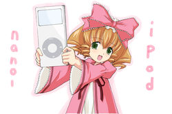  :d artist_request blonde_hair bow brown_hair clothing_request cowboy_shot digital_media_player drill_hair drop_shadow female frilled_bow frills green_eyes hairbow hinaichigo ipod ipod_nano large_bow long_sleeves looking_at_viewer medium_hair mini_person minigirl open_mouth outstretched_arms oversized_object pink_bow pink_theme rozen_maiden simple_background smile solo source_request white_background wide_sleeves 