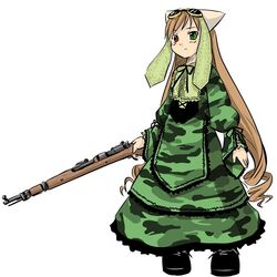  alternate_costume artist_request black_footwear black_ribbon bolt_action brown_hair camouflage camouflage_dress center_frills cleaning_rod closed_mouth dress female frilled_dress frills frown full_body goggles goggles_on_head green_dress green_eyes gun heterochromia holding holding_gun holding_weapon long_hair long_sleeves looking_at_viewer mauser_98 neck_ribbon red_eyes ribbon rifle rozen_maiden shoes simple_background solo standing suiseiseki tachi-e very_long_hair weapon white_background 