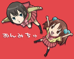  2girls arms_up artist_request bow brown_hair chibi chibi_only cube_hair_ornament gokujou_seitokai hair_ornament jumping kneehighs kutsugi_kotoha long_hair looking_at_another looking_at_viewer multiple_girls open_mouth oume_ayumu photoshop_(medium) pleated_skirt red_background school_uniform serafuku short_hair simple_background skirt smile socks twintails 