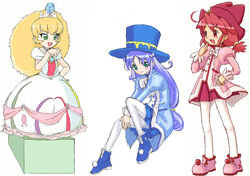  3girls ahoge altessa_(futagohime) big_hair blonde_hair blue_hair blush boots bow bowtie brooch chaba_(chabanyu) choker diamond-shaped_brooch diamond_(gemstone) dress earrings fine_(futagohime) fushigiboshi_no_futago_hime gown green_eyes hand_on_own_hip hat jewelry long_hair long_sleeves multiple_girls own_hands_clasped own_hands_together pantyhose photoshop_(medium) pink_hair ponytail princess red_eyes red_skirt rein_(futagohime) short_hair short_twintails skirt smile tiara top_hat turtleneck twintails very_long_hair white_pantyhose 