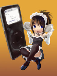  artist_request black_thighhighs copyright_request digital_media_player earbuds earphones female ipod ipod_nano maid mini_person minigirl product_placement solo source_request thighhighs 