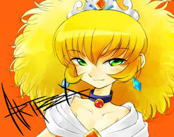  altessa_(futagohime) big_hair blonde_hair blush choker close-up collarbone earrings female flat_chest fushigiboshi_no_futago_hime gofu green_eyes jewelry smile solo tiara 