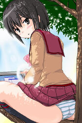  against_tree ass black_eyes black_hair blue_panties blush clothes_lift computer day female gokujou_seitokai in_tree kneehighs kutsugi_kotoha laptop long_sleeves looking_back miniskirt outdoors panties pleated_skirt school_uniform serafuku shikato_miyo short_hair sitting sitting_in_tree skirt skirt_lift socks solo striped_clothes striped_panties tree under_tree underwear 