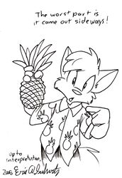  2006 4_fingers aloha_shirt anthro canid canine clothing dialogue english_text eric_schwartz fingers food fox fruit gesture half-length_portrait hand_gesture holding_object male mammal monochrome pattern_clothing pattern_shirt pattern_topwear pen_(artwork) pineapple plant pointing portrait shirt signature solo talking_to_viewer text topwear traditional_media_(artwork) 