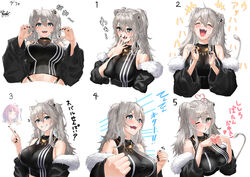  2girls :3 absurdres ahoge animal_ear_piercing animal_ears aqua_eyes bare_shoulders black_jacket black_shirt breasts claw_pose clenched_hands closed_eyes commentary_request double-parted_bangs fur-trimmed_jacket fur_trim grey_hair grin hair_between_eyes hands_up heart heart_hands highres himemori_luna himemori_luna_(sundress) hololive index_finger_raised jacket large_breasts lion_ears lion_girl lion_tail looking_ahead looking_at_viewer multiple_girls multiple_views nanaushi off_shoulder one_eye_closed open_mouth pointing pointing_up shirt shishiro_botan shishiro_botan_(1st_costume) simple_background sleeveless smile tail teeth translation_request two_side_up upper_body virtual_youtuber white_background 