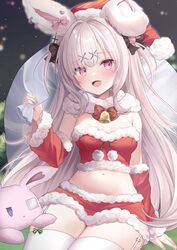  animal_ears bell christmas commission crop_top detached_sleeves female fur-trimmed_skirt fur-trimmed_sleeves fur_collar fur_trim garter_straps hair_ornament hat highres holding holding_sack indie_virtual_youtuber kurage_cc long_hair neck_bell pink_eyes pink_hair rabbit_ears red_shirt red_skirt red_sleeves sack santa_costume santa_hat shirt skeb_commission skirt smile solo thighhighs usatama_amyu very_long_hair virtual_youtuber white_garter_straps white_thighhighs x_hair_ornament 