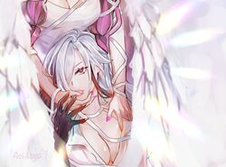  2girls aoiabyss arlecchino_(genshin_impact) breasts cleavage columbina_(genshin_impact) dress genshin_impact grey_hair highres long_hair looking_at_viewer multiple_girls pink_nails purple_hair spanish_commentary upper_body white_dress yuri 