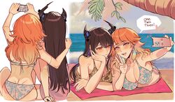  2girls absurdres alternate_costume amlichan asymmetrical_horns beach bikini black_hair blue_hair breasts cleavage colored_inner_hair demon_horns earrings feather_earrings feathers highres holding holding_phone hololive hololive_english horns jewelry large_breasts long_hair looking_at_viewer mole mole_under_eye multicolored_hair multiple_girls nerissa_ravencroft open_mouth orange_hair phone purple_eyes red_eyes selfie smile swimsuit takanashi_kiara taking_picture v virtual_youtuber 