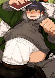  2boys anger_vein bara black_hair blush book breath chinstrap_beard clenched_hand clothes_lift facial_hair feet_out_of_frame futon glasses green_eyes grey_hoodie haishiba_ame hanten_(clothes) head_under_another&#039;s_clothes highres holding holding_book hood hoodie hoodie_lift live_a_hero lying male_focus male_protagonist_(live_a_hero) midriff_peek multiple_boys navel_hair on_back on_bed open_mouth pants plump rectangular_eyewear santetsu_(live_a_hero) short_hair size_difference sweatdrop sweatpants thick_eyebrows under_another&#039;s_clothes yaoi yellow-framed_eyewear 