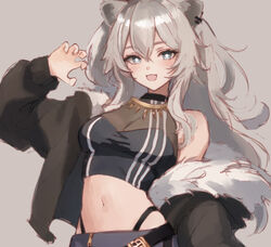  animal_ears black_shirt breasts cleavage ear_piercing female fur-trimmed_jacket fur_trim grey_eyes grey_hair hair_between_eyes highres hololive jacket large_breasts lion_ears lion_girl long_hair looking_at_viewer midriff navel piercing see-through see-through_cleavage shirt shishiro_botan shishiro_botan_(1st_costume) sleeveless sleeveless_shirt solo virtual_youtuber yng_(ynghr) 