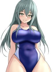  aqua_eyes aqua_hair blue_one-piece_swimsuit breasts collarbone commentary competition_swimsuit covered_navel cowboy_shot female hair_between_eyes hair_ornament hairclip highleg highleg_swimsuit highres kantai_collection large_breasts long_hair looking_at_viewer montemasa one-hour_drawing_challenge one-piece_swimsuit simple_background smile solo suzuya_(kancolle) swimsuit twitter_username two-tone_swimsuit white_background 