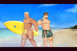  2boys abs arm_tattoo bara beach beard black_hair blonde_hair blush bulge chinstrap_beard closed_eyes clothing_cutout collarbone crave_saga dark-skinned_male dark_skin drooling earrings excalibur_(crave_saga) eyebrow_cut facial_hair fishnet_swimsuit forked_eyebrows goatee green_male_swimwear highres holding holding_surfboard jewelry jin_zem_(jinzemu) large_pectorals leg_cutout looking_at_another male_focus male_swimwear mature_male mouth_drool multiple_boys muscular muscular_male navel_hair nipples official_alternate_costume open_mouth pectorals protagonist_(crave_saga) short_hair smile surfboard swim_briefs swim_trunks tattoo tearing_clothes thick_eyebrows thick_thighs thighs torn_clothes twitter_username yaoi yellow_male_swimwear 