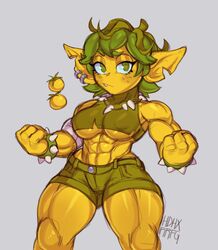  abs bracelet breasts colored_skin earrings female female_goblin goblin green_eyes green_hair highres jewelry looking_at_viewer mdblues muscular muscular_female necklace notched_ear original short_shorts shorts shortstack signature simple_background solo spiked_bracelet spikes tank_top thick_thighs thighs tooth_necklace underboob yellow_skin 