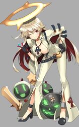  0_0 :d ;) ankh ball_and_chain_restraint bell-bottoms belt belt_buckle bent_over black_belt black_footwear black_gloves blunt_ends blush bodysuit breasts buckle candy center_opening collarbone commentary_request cuffs downblouse emblem female food full_body gintarou_(kurousagi108) gloves glowing glowing_eyes glowing_mouth grey_background grin guilty_gear guilty_gear_xrd hair_between_eyes half-closed_eyes halo hand_on_own_hip hanging_breasts happy heart high_heels holding holding_candy holding_food holding_lollipop holding_staff holding_sword holding_weapon index_finger_raised jack-o&#039;_valentine jewelry knight_servant large_breasts legs_apart lollipop long_hair long_sleeves looking_at_viewer loose_belt magician_servant multicolored_clothes multicolored_gloves multicolored_hair necklace no_bra no_mask one_eye_closed open_clothes open_mouth pants parted_bangs pendant red_eyes red_gloves red_hair shoes side_slit simple_background smile smiley_face spiked_halo staff star_(symbol) straight_hair strappy_heels studded_belt suspenders sword two-tone_hair unzipped very_long_hair weapon white_bodysuit white_hair wide_sleeves wings 