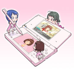  1boy 3girls akizuki_ryo antenna_hair bad_id bad_pixiv_id blue_hair blush blush_stickers brown_hair chibi chika_(orange_pop) crossdressing cute_&amp;_girly_(idolmaster) dearly_stars_(idolmaster) handheld_game_console hidaka_ai hidaka_mai idolmaster idolmaster_dearly_stars mini_person minigirl mizutani_eri multiple_girls nintendo_ds open_mouth otoko_no_ko product_placement short_hair stylus 