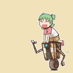  borderlands_(series) claptrap closed_eyes commentary_request crossover female green_hair koiwai_yotsuba lolicon nns_(sobchan) open_mouth quad_tails raglan_sleeves riding robot short_hair shorts smile yotsubato! 