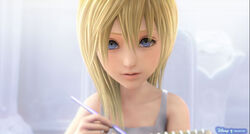  3d artist_request bare_shoulders blonde_hair blue_eyes blurry camisole collarbone company_logo depth_of_field disney female grey_camisole holding kingdom_hearts kingdom_hearts_ii long_hair looking_at_viewer namine parted_lips purple_background purple_eyes solo square_enix upper_body 