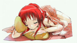  anime_screenshot blanket blush female hugging_object legs long_hair lying non-web_source nude on_stomach onda_aka pillow pillow_hug rec_(manga) red_hair sleeping solo 