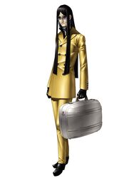  1boy baofu briefcase formal kazuma_kaneko long_hair long_sleeves male_focus non-web_source official_art persona persona_2 persona_2_batsu solo suit sunglasses 