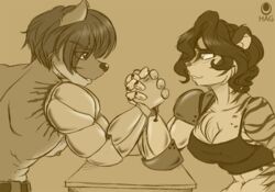  2015 4_fingers anna_(avencri) anthro arm_wrestling athletic athletic_anthro athletic_female athletic_male avencri big_breasts bottomwear breasts bruce_altone canid canine canis cleavage clothed clothing competition cybernetic_arm cybernetic_limb duo eye_contact felid female fingers fur furniture hair humanoid_hands looking_at_another male mammal navel nipples pantherine pants pecs scar shirtless signature smile striped_body striped_fur stripes table the_darwin_chronicles tiger topless topless_anthro topless_male topwear wolf 