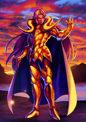  1boy aries_muu armor boots breastplate closed_mouth cloud cloudy_sky commentary_request gold_armor gold_saint green_eyes hand_up highres kotatsu_(g-rough) long_hair male_focus pauldrons purple_hair saint_seiya shoulder_armor sky solo standing sunset thick_eyebrows 