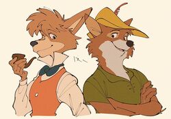  dog_boy fox_boy furry furry_male highres holding holding_smoking_pipe looking_at_viewer male_focus meitantei_holmes robin_hood_(disney) robin_hood_(disney)_(character) sherlock_holmes_(meitantei_holmes) simple_background smile smoking_pipe uochandayo white_background 