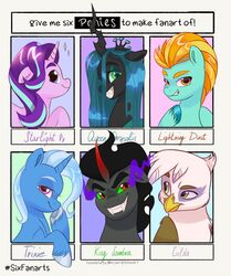  artharuhi arthropod avian beak black_body blue_body brown_body changeling crown equid equine eye_mist eyebrows eyelashes fangs feathers female feral friendship_is_magic gilda_(mlp) green_eyes green_sclera gryphon hasbro hashtag headgear hi_res hooves horn king_sombra_(mlp) lightning_dust_(mlp) male mammal meme multiple_images my_little_pony mythological_avian mythological_creature mythological_equine mythology orange_eyes partitioning pegasus pink_body purple_eyes queen_chrysalis_(mlp) red_eyes sharp_teeth six_fanarts_challenge smile solo starlight_glimmer_(mlp) teeth thick_eyebrows trixie_(mlp) unicorn white_body white_feathers wings yellow_eyes 