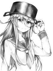  closed_mouth commentary female greyscale hair_between_eyes hibiki_(kancolle) kantai_collection kurou_(bcrow) long_hair looking_at_viewer monochrome necktie pot pot_on_head sailor_collar school_uniform serafuku sidelocks simple_background solo upper_body 