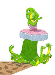  ancillary_head anguiped anthro apode ballerina ballet blue_eyes bottomwear breasts carniscorner cleavage clothed clothing confusion dancewear draconcopode female humor legless naga reptile scalie serpentine shaking_head simple_background skirt snake solo sylene_(blissey1) tutu white_background 