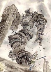  1boy colossus gaius_(shadow_of_the_colossus) male_focus shadow_of_the_colossus size_difference sword terumidot506 traditional_media wander_(shadow_of_the_colossus) weapon 