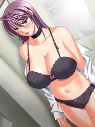  black_bra blush bra breasts cameltoe cleavage female glasses huge_breasts injoku_hitozuma_onna_kyoushi kigishi_mahiro lingerie panties solo takahashi_record underwear 