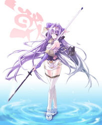  armor crossed_legs elbow_gloves female full_body gloves naginata one_eye_closed polearm purple_hair rance_(series) ripples sakura_nitouhei sandals sengoku_rance senhime solo spear standing thigh_gap thighhighs tiara torn_clothes wading water watson_cross weapon white_thighhighs zouri 